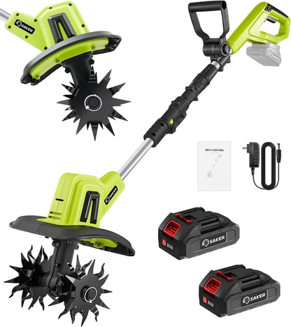 Saker 22V Cordless Electric Garden Tiller Cultivator, Lightweight Rototiller For Gardening, 9-Inch Tilling Width