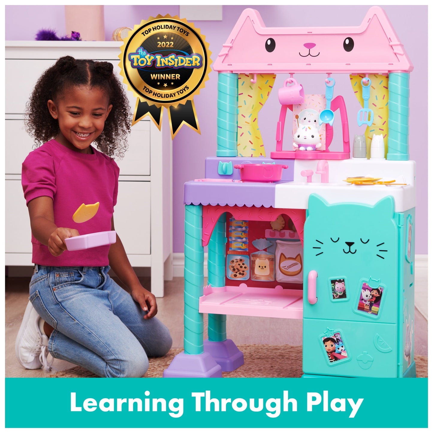 Gabby's Dollhouse Cakey Cat Kitchen Set For Kids, 3 Ft. Tall Play Kitchen With Sounds And Accessories