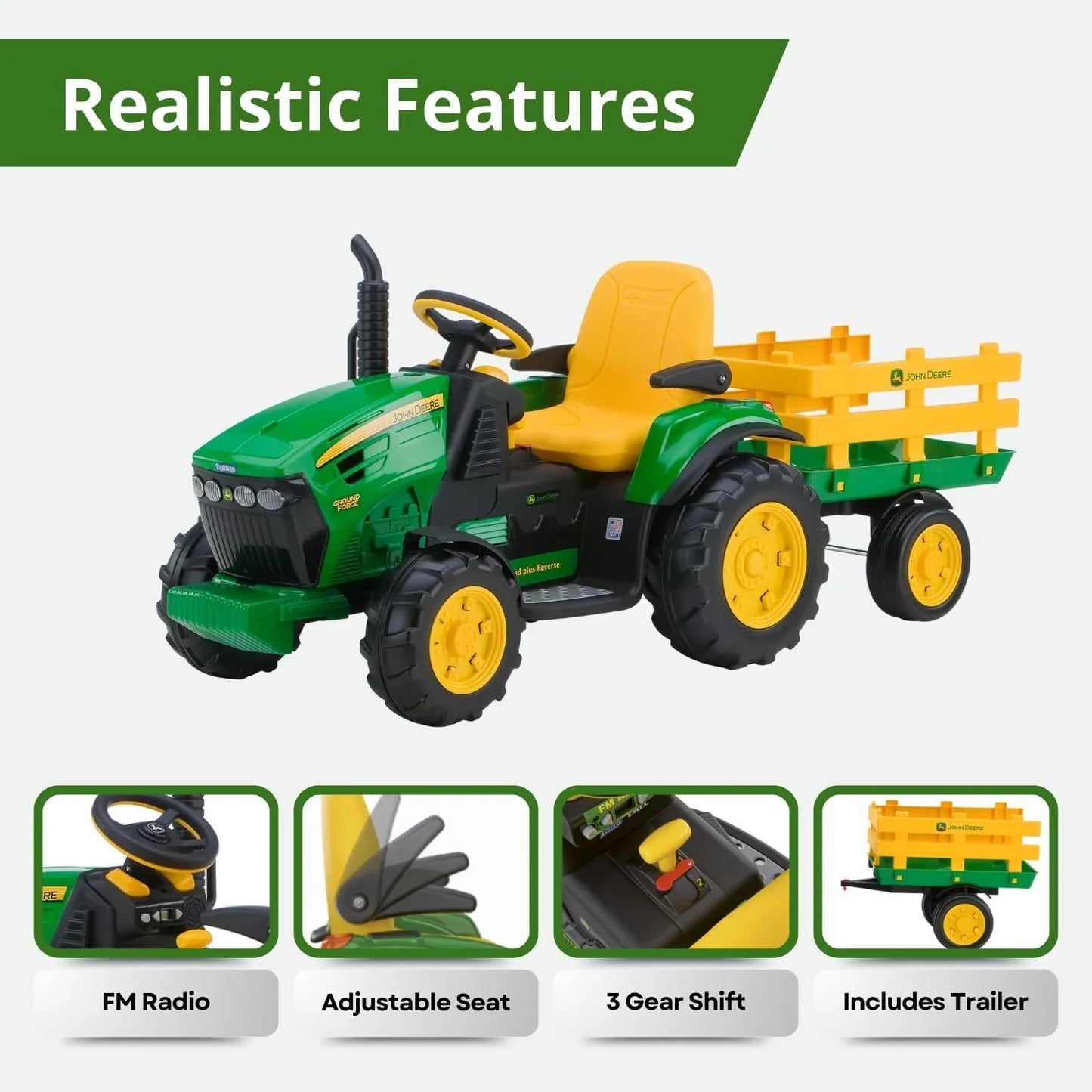 Peg Perego John Deere Ground Force Tractor With Trailer 12 Volt Ride On