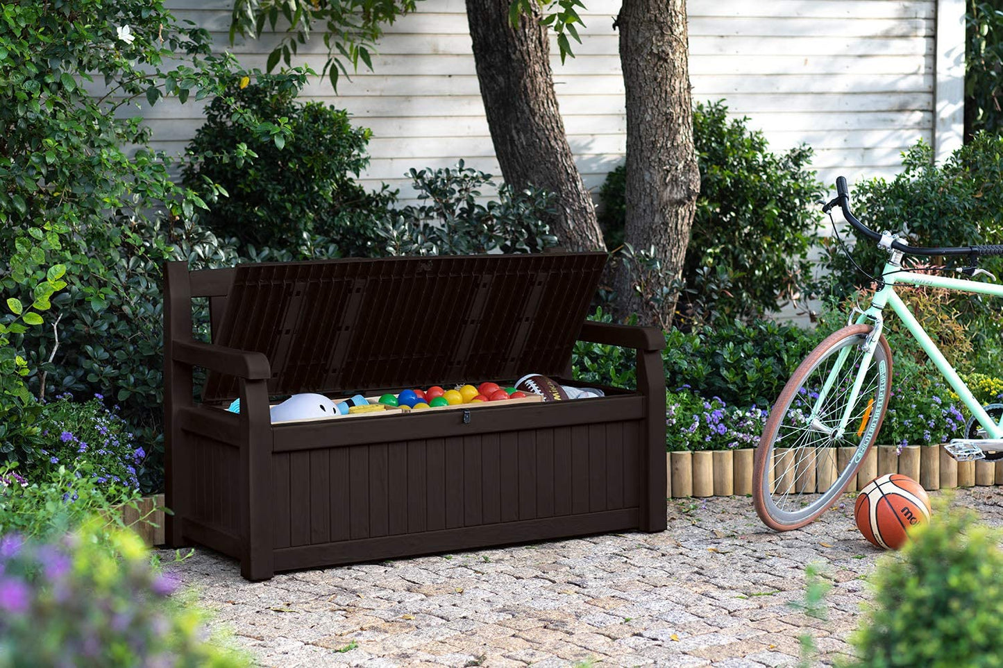 Keter Solana 70 Gallon Storage Bench Deck Box For Patio Furniture, Front Porch Decor And Outdoor Seating