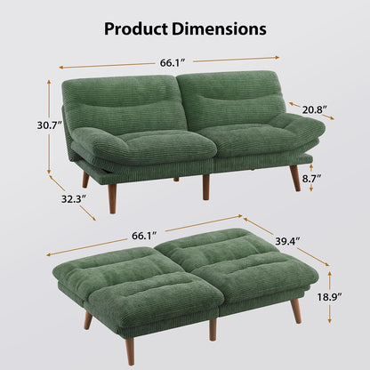 Pipishell Convertible Futon Sofa Bed, 66 In. Corduroy Futon Couch With Adjustable Backrest And Armrests, Recliner Sleeper Sofa For Small Spaces