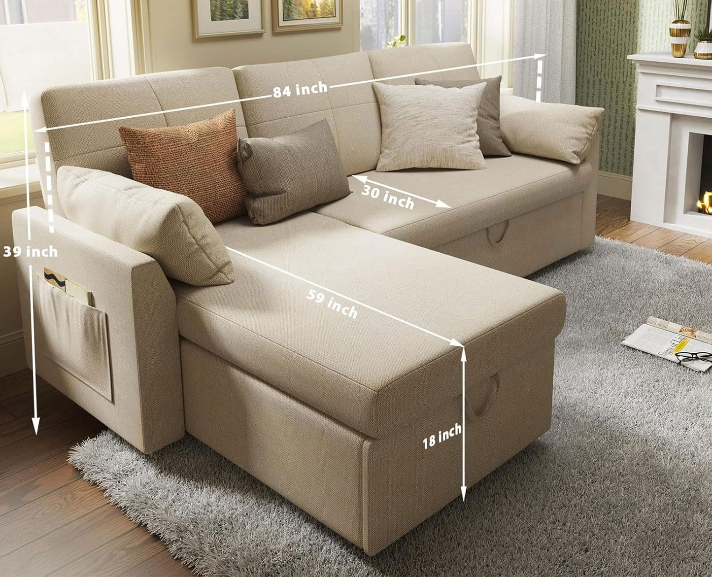 VanAcc Sofa Bed, Sleeper Sofa With Storage Chaise 2-in-1 Pull Out Couch Living Room