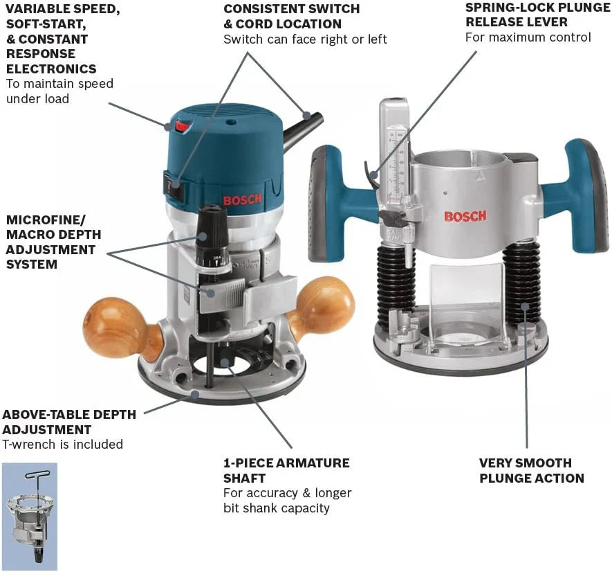 Bosch 1617EVSPK Wood 12 Amp Router Tool Combo Kit- 2.25 Horsepower Plunge Router And Fixed Base With A Variable Speed