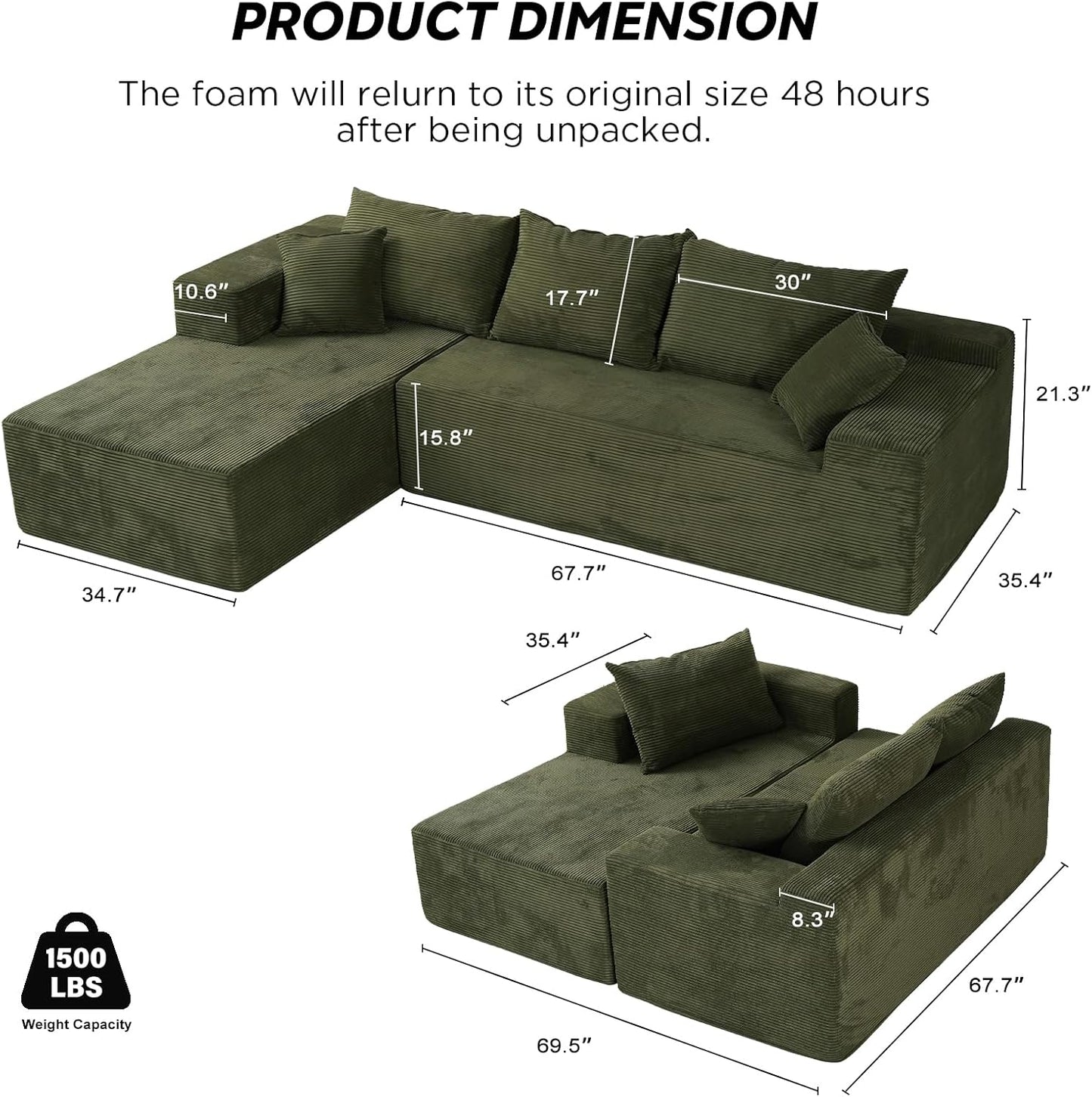 Cloud Sectional Couch With L-Shape Chaise, Modern Modular Sofa With Deep Seat, Upholstered Couches For Living Room Bedroom, No Assembly Required