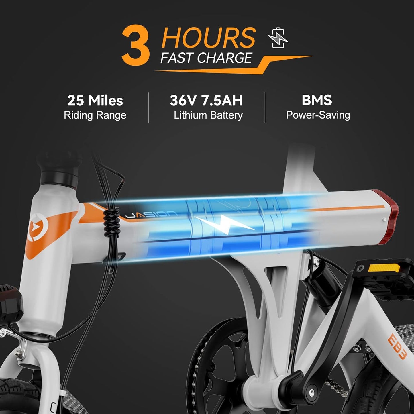 Jasion EB3 Electric Bike Adults 21mph, 500W Peak Motor, 270Wh Battery, Rear Suspension, 3 Levels Assist