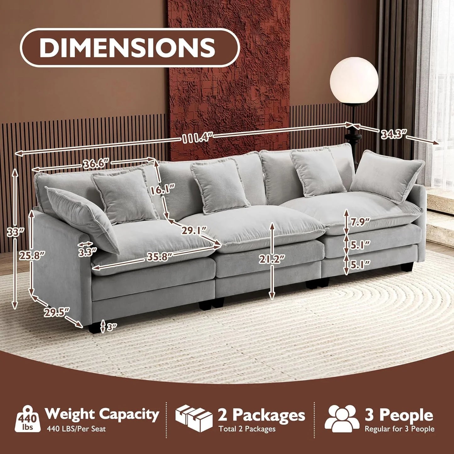 Ihanherry 146 In. U-Shaped Modern Sofa Modular Sectional Cloud Couch With 2 Ottoman