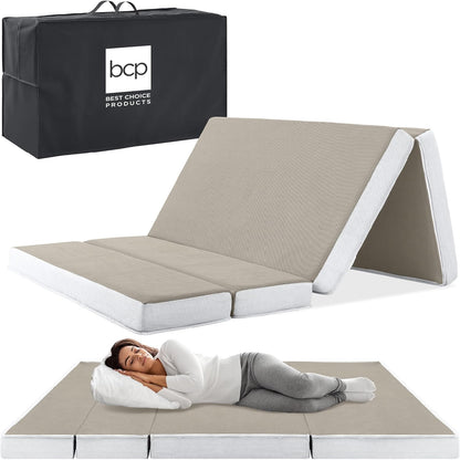 Best Choice Products 4 In. Portable Queen-Size Mattress, Tri-Fold Mattress For Camping, Guest, Toddler, Foam Plush w/Carry Case- Grey