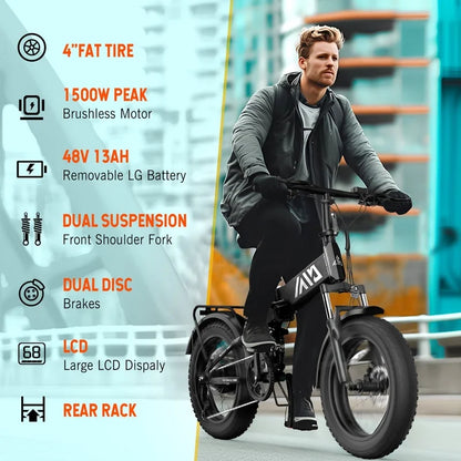 Tst Electric Bike 4.0 Fat Tire Foldable Ebike 48V 13Ah Battery 750W Electric Commuter Bicycle With LCD 20 In. One-Step Folding Electric City