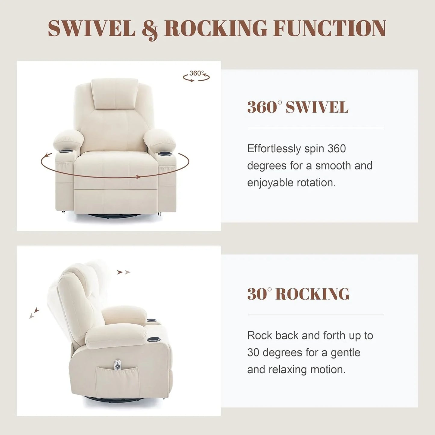 Oversized Swivel Rocker Recliner Chair With Heat And Massage, 360 Degree Swivel Rocking Single Sofa With Cup Holders And USB Port