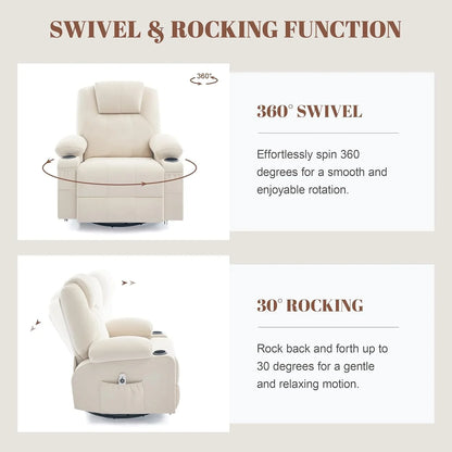 Oversized Swivel Rocker Recliner Chair With Heat And Massage, 360 Degree Swivel Rocking Single Sofa With Cup Holders And USB Port