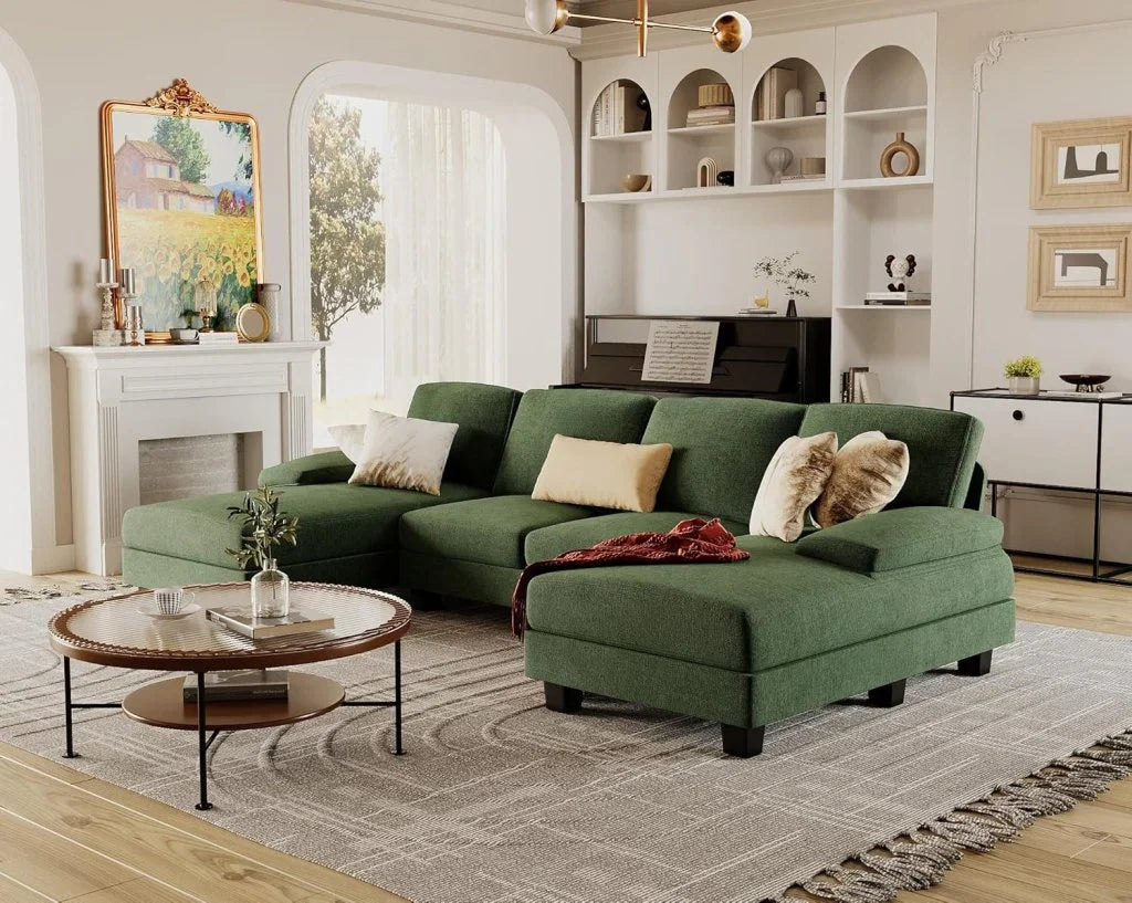 Furmax Sectional Couches For Living Room, U-Shaped Sofa Couch With Linen Fabric, 4 Seat Sofa Set With Double Chaise For Apartment, Fabric, Grey