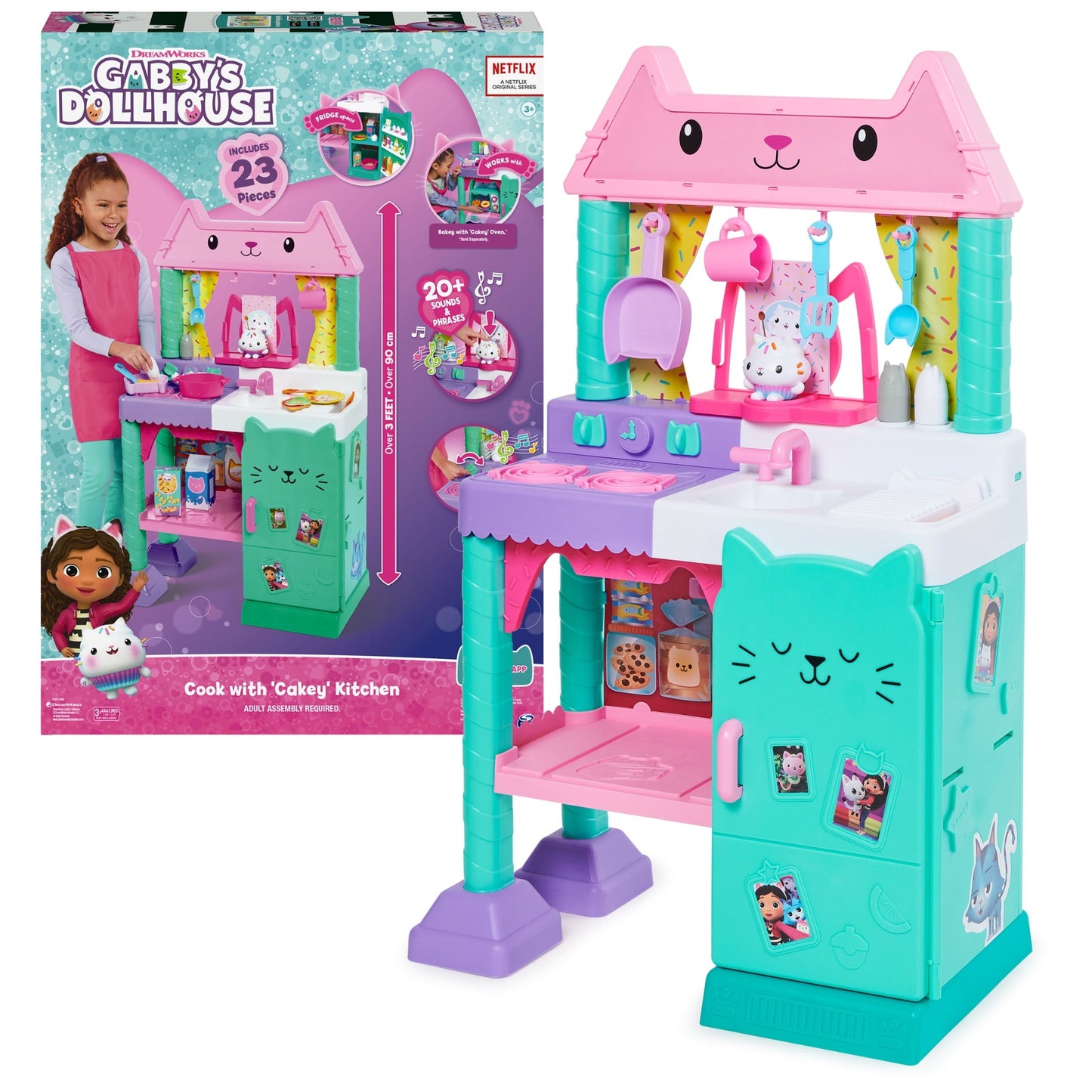 Gabby's Dollhouse Cakey Cat Kitchen Set For Kids, 3 Ft. Tall Play Kitchen With Sounds And Accessories