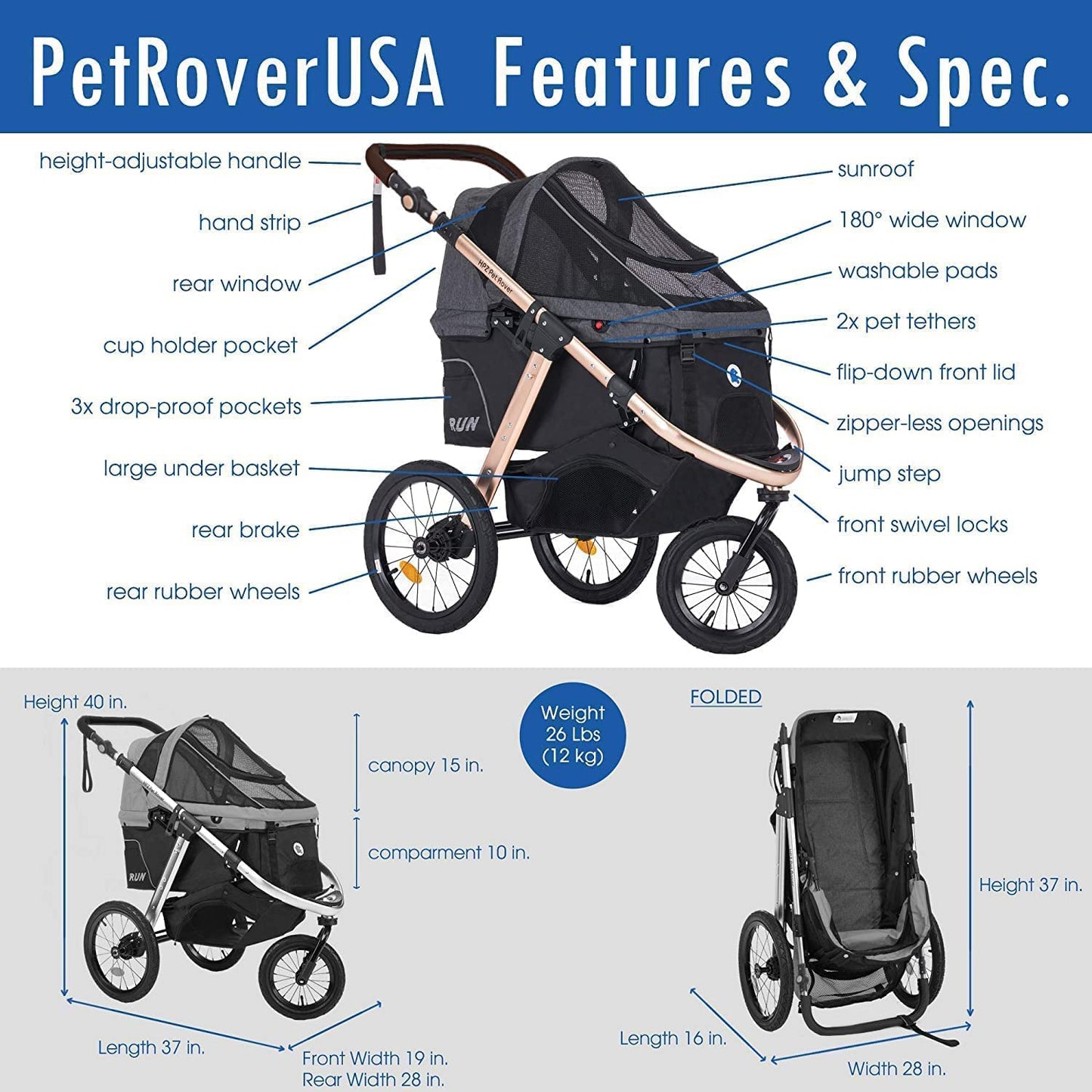 Jogging Sports Stroller With Comfort Rubber Wheels/Zipper-Less Entry/1-Hand Quick Fold/Aluminum Frame For Small/Medium Dogs Cats And Pets, Green Camo