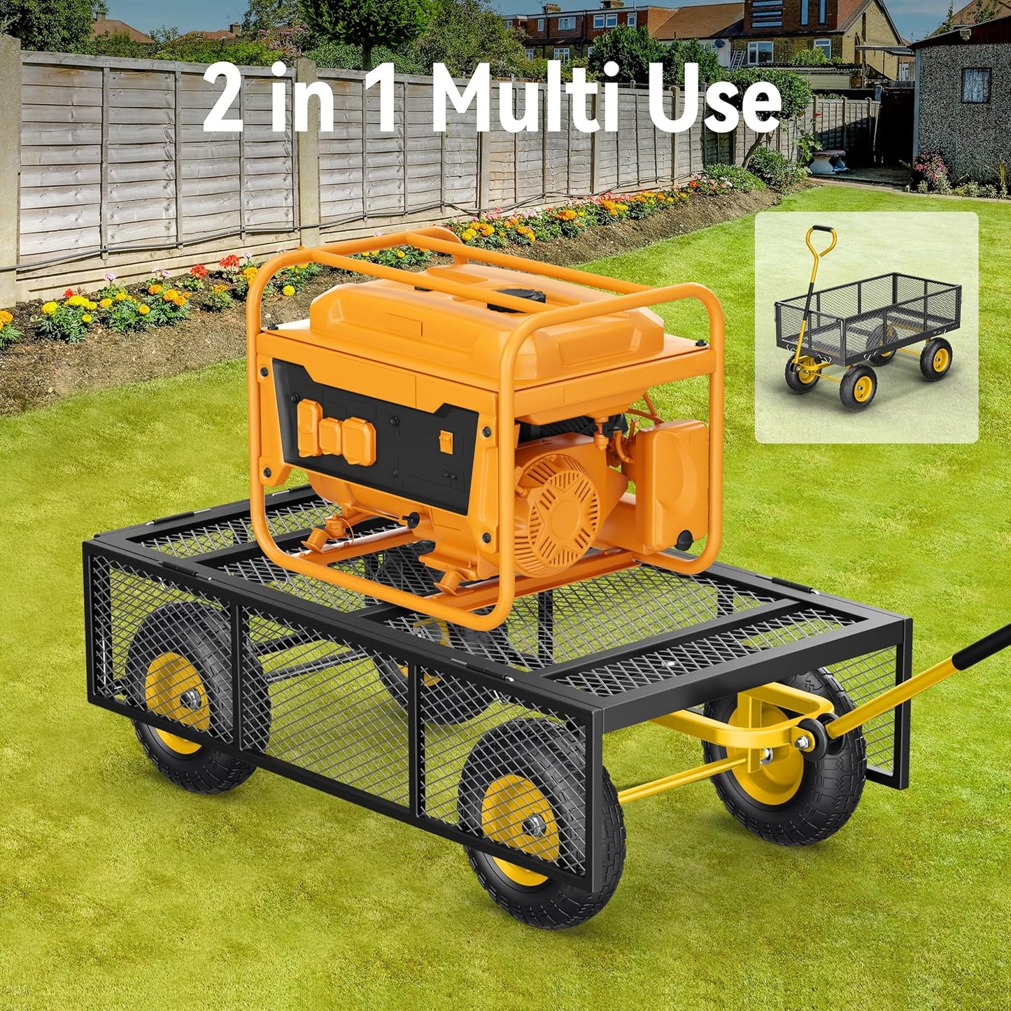 Steel Garden Cart 2-in-1 1400 Lbs Heavy Duty Utility Wagon With Removable Mesh Sides To Convert Into Flatbed 240 U-Turn 13 In. Pneumatic Tires