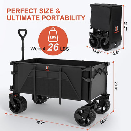 Navatiee Collapsible Folding Wagon Beach Wagon Cart Heavy Duty Foldable With Big Wheels Utility Grocery Wagon With Side Pocket And Brakes For