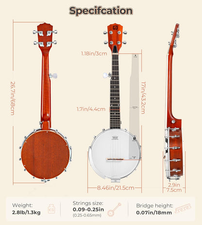 String Banjo 26 In. Mini Travel Banjo Banjo Beginner Kit With Remo Head Open Back And Closed Solid Back With Beginner Kit Comfortable Carrying Bag