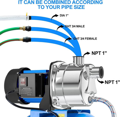 1.6HP Shallow Well Pump With Pressure Tank 1268 Gph Stainless Steel Jet Pump Transfer Drainage Booster Pump Garden Sprinkler System Water Pump