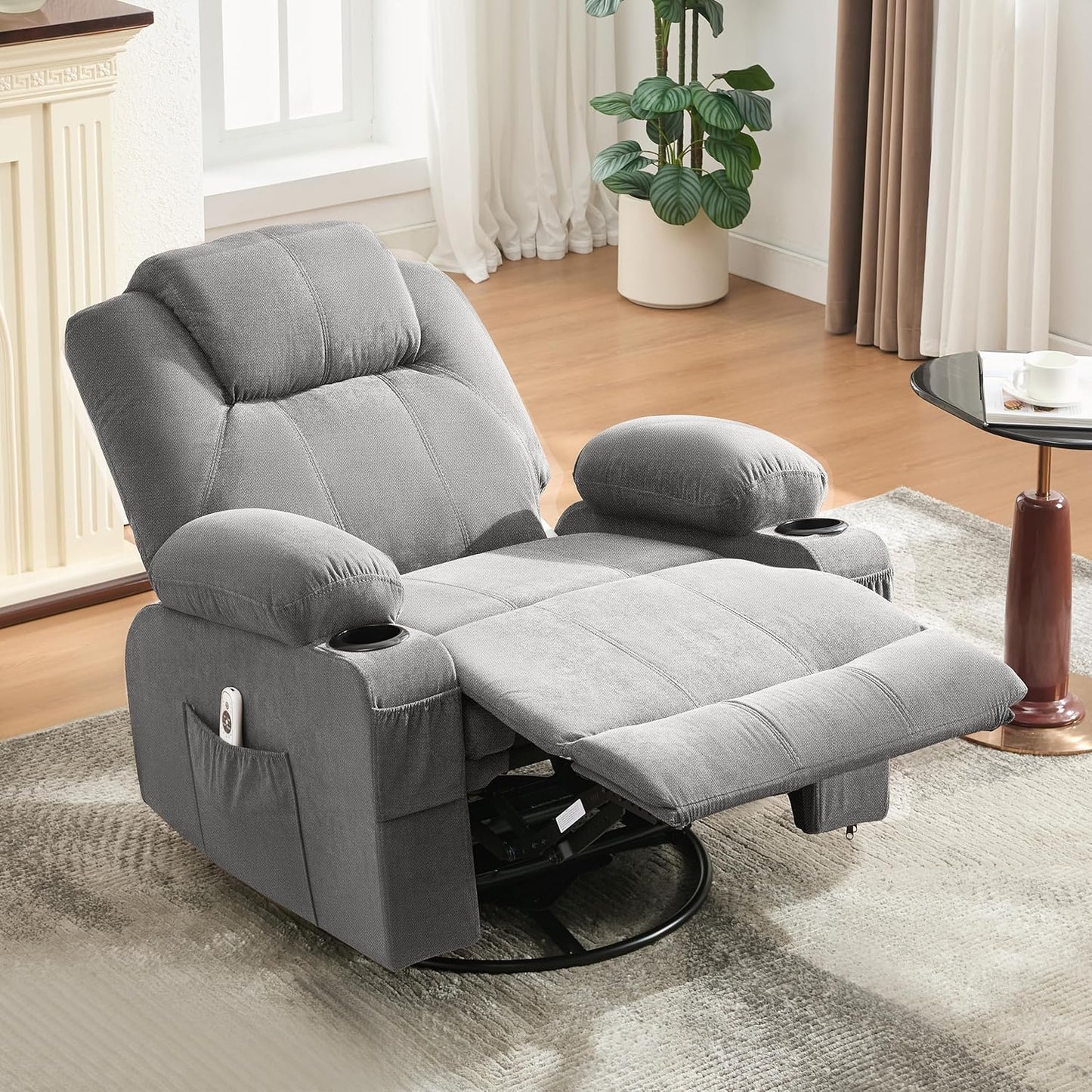 Oversized Swivel Rocker Recliner Chair With Heat And Massage, 360 Degree Swivel Rocking Single Sofa With Cup Holders And USB Port
