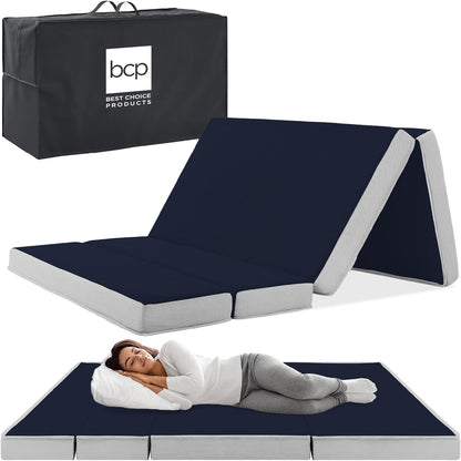Best Choice Products 4 In. Portable Queen-Size Mattress, Tri-Fold Mattress For Camping, Guest, Toddler, Foam Plush w/Carry Case- Grey