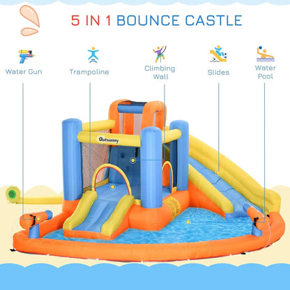 Kids Inflatable Water Slide 5-in-1 Bounce House Water Park Jumping Castle With Water Pool, Slide, Climbing Walls, And 2 Water Cannons, 450W Air Blower