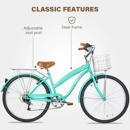 Weize Beach Cruiser Bike 26 In. Commuter Bicycle For Adult Men And Women 7-Speed/High-Carbon