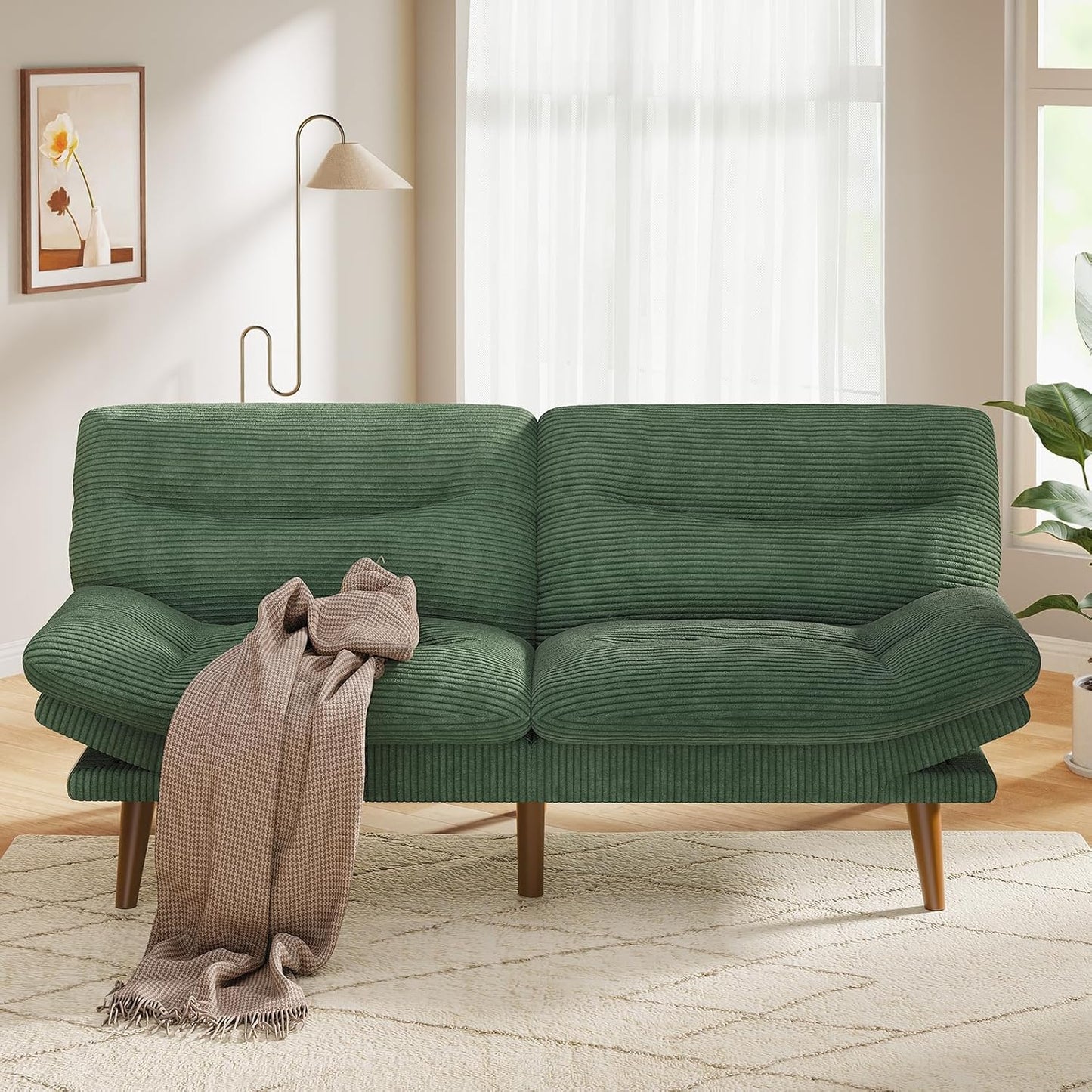 Pipishell Convertible Futon Sofa Bed, 66 In. Corduroy Futon Couch With Adjustable Backrest And Armrests, Recliner Sleeper Sofa For Small Spaces