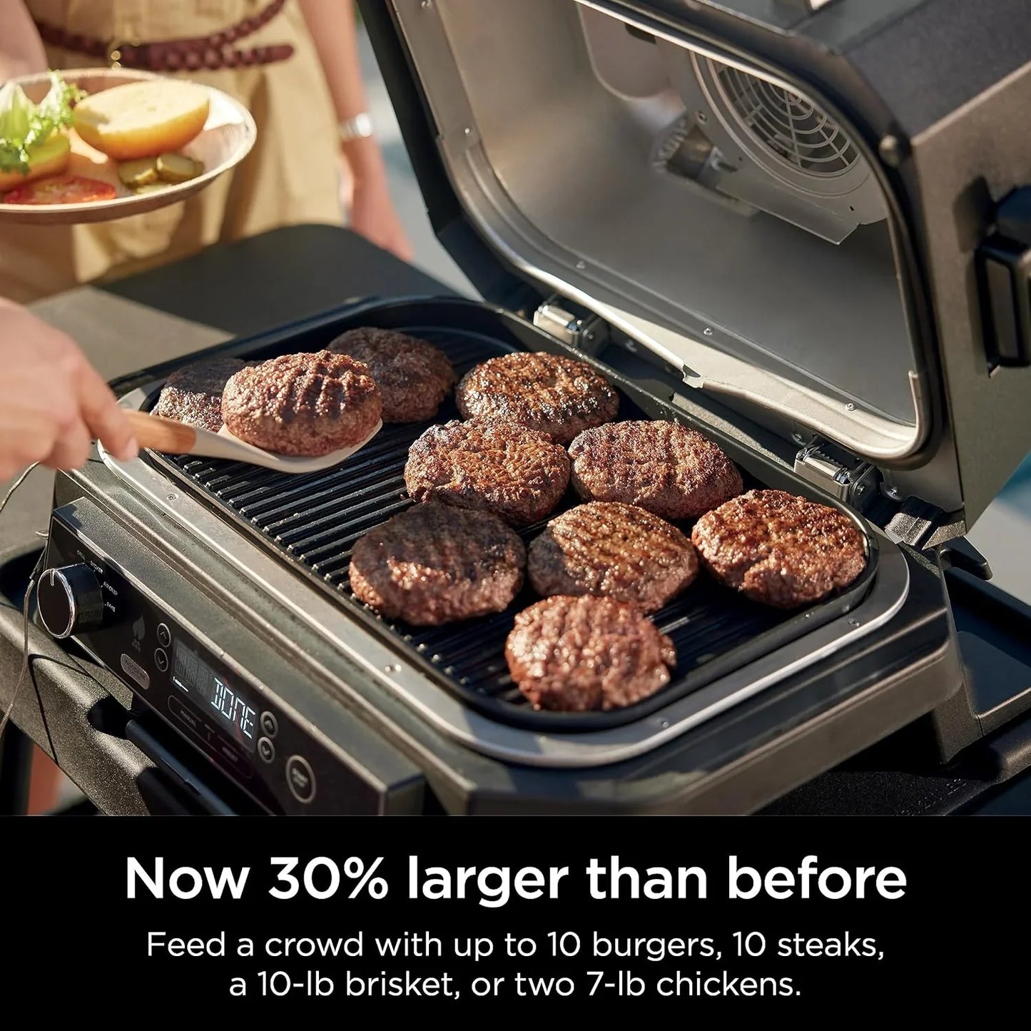7-in-1 Grill And Smoker With Thermometer, Air Fryer, Bbq, Bake, Roast, Broil- Portable Electric Outdoor Grill, Grey