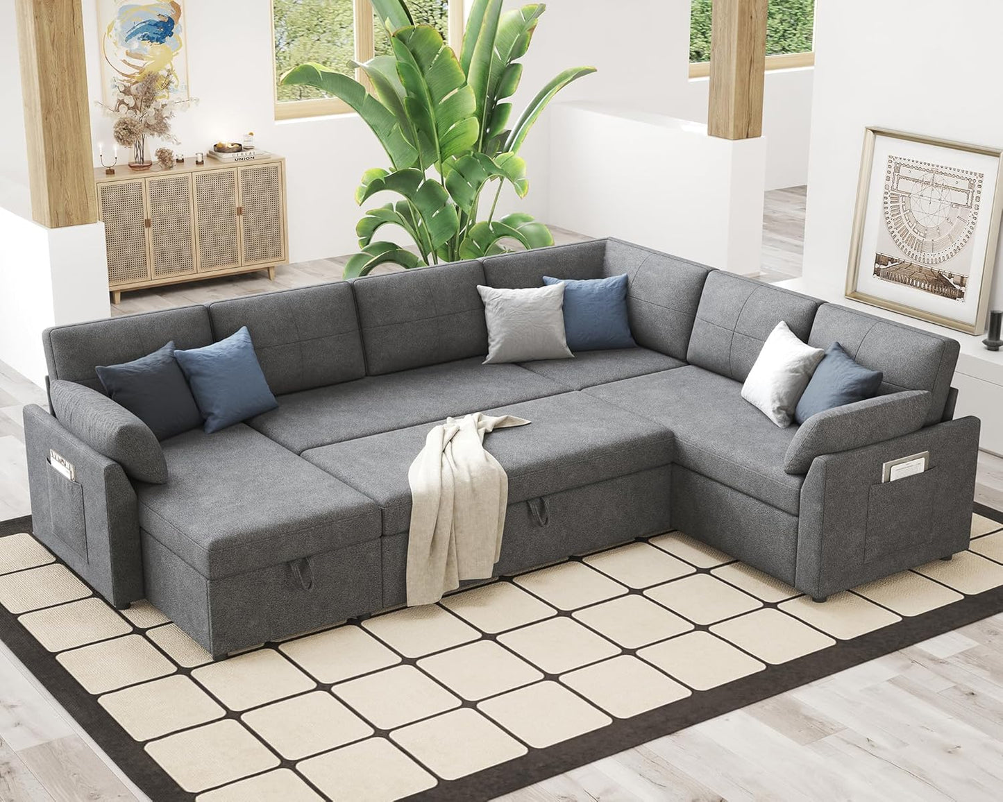 VanAcc Sofa Bed, Sleeper Sofa With Storage Chaise 2-in-1 Pull Out Couch Living Room