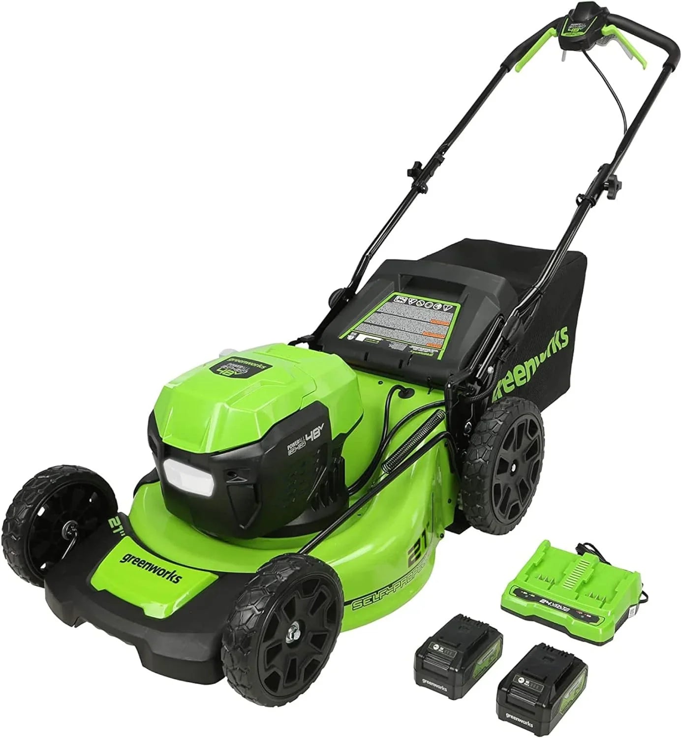 Greenworks 48V, 24V x 2 21 In. Brushless Self-Propelled Mower Plus 12 In. String Trimmer Plus 320CFM