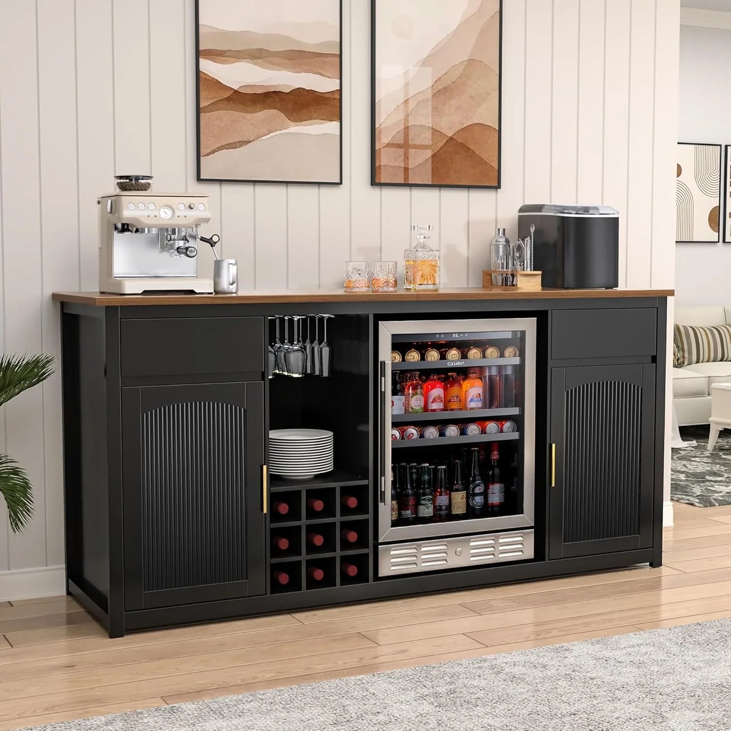 Gdlf Large Coffee Bar Cabinet With Fridge Space, Mini Fridge Cabinet With Wine Storage
