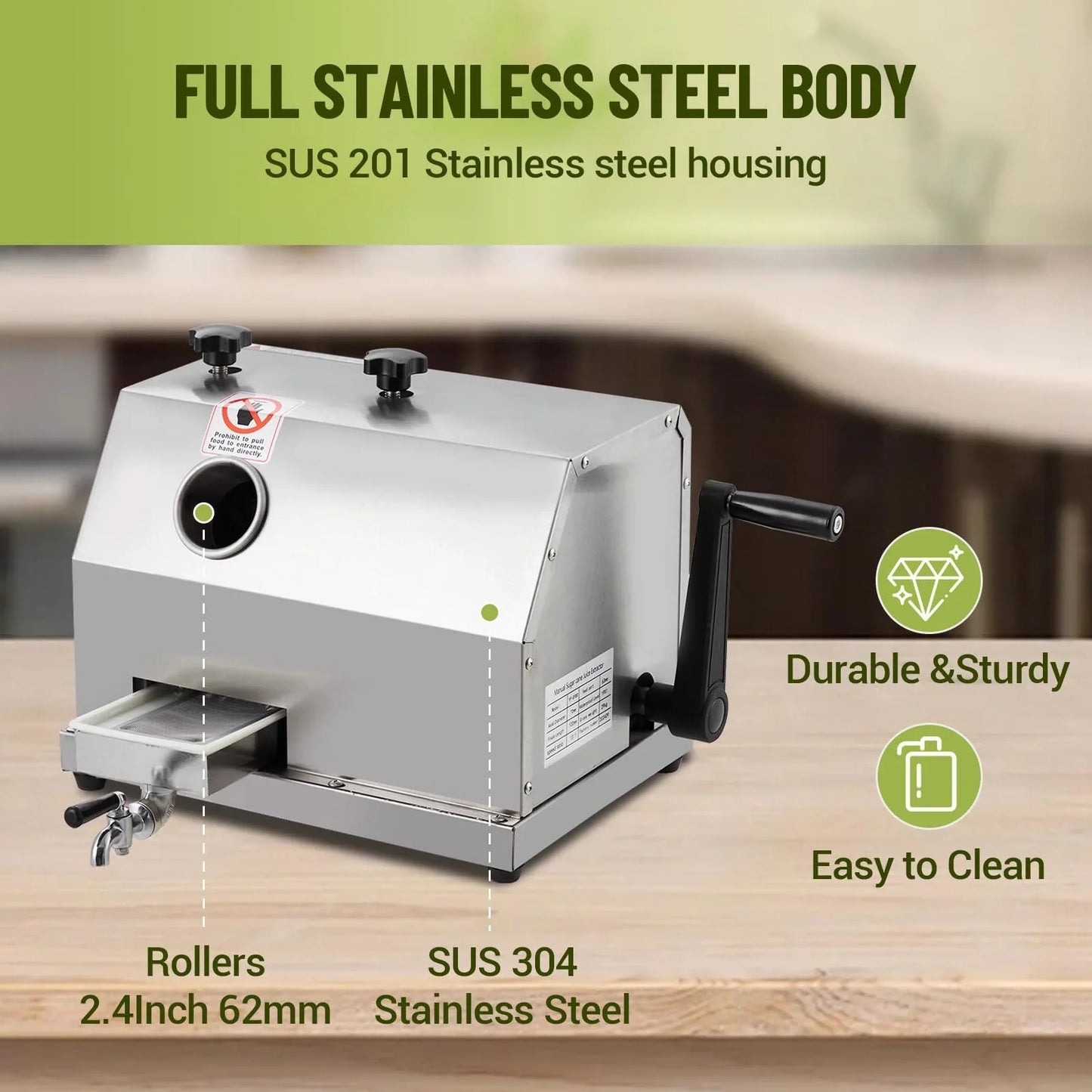 Manual Sugar Cane Juicer Machine, Sugar Cane Press With 3 Stainless Steel Drums And 2.4-inch Large Inlet, Sugarcane Juice Machine With 110lbs/H