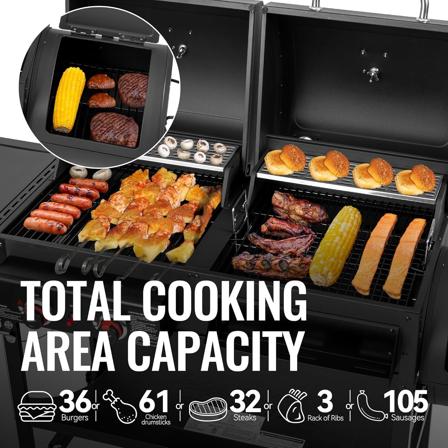 2-Burner Gas And Charcoal Combo Grill With Smoker And Side Burner, 34,000 BTU, 1020 Sq. In., Black