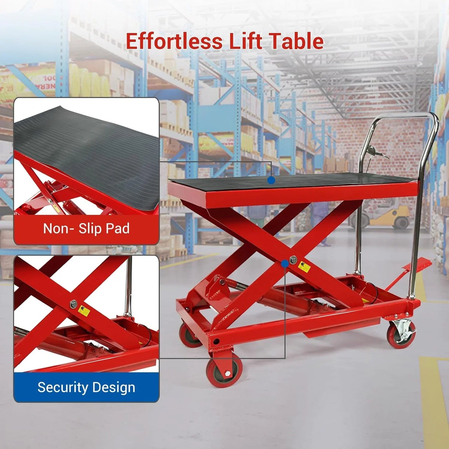 660lbs Hydraulic Lift Table Cart, 31 In. Lift Height, Double Scissor Design With 4 Wheels And Non-Slip Pad For Material Handling