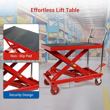 660lbs Hydraulic Lift Table Cart, 31 In. Lift Height, Double Scissor Design With 4 Wheels And Non-Slip Pad For Material Handling