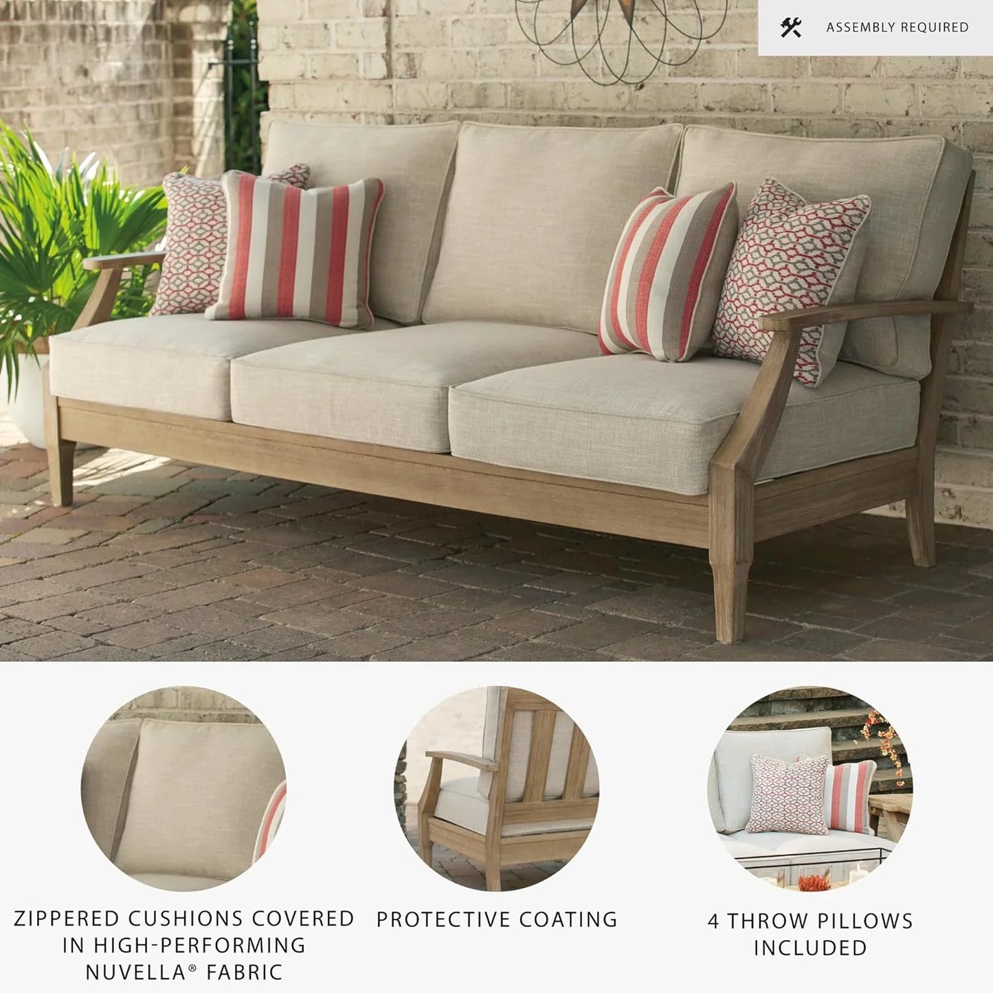 Signature Design By Ashley Clare View Coastal Outdoor Patio Eucalyptus Sofa With Cushions, Beige