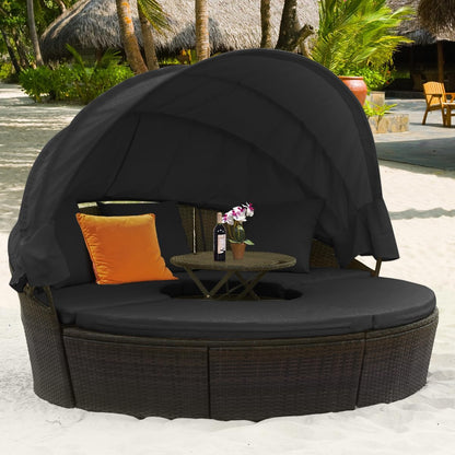 Outdoor Daybed, Rattan Round Daybed With Sunshade Canopy, Patio Set With Cushions And Adjustable Coffee Table, Rattan Patio Furniture