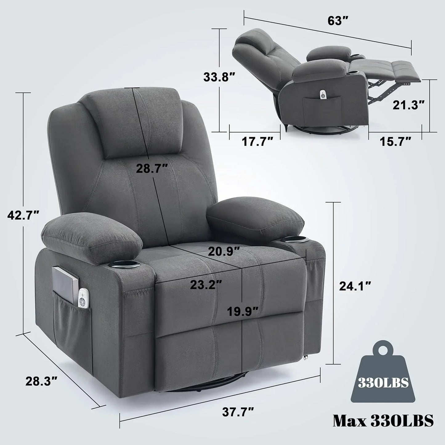 Oversized Swivel Rocker Recliner Chair With Heat And Massage, 360 Degree Swivel Rocking Single Sofa With Cup Holders And USB Port