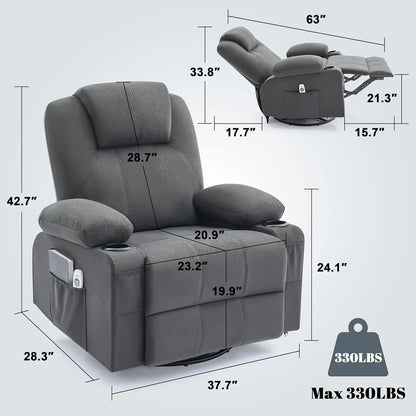 Oversized Swivel Rocker Recliner Chair With Heat And Massage, 360 Degree Swivel Rocking Single Sofa With Cup Holders And USB Port