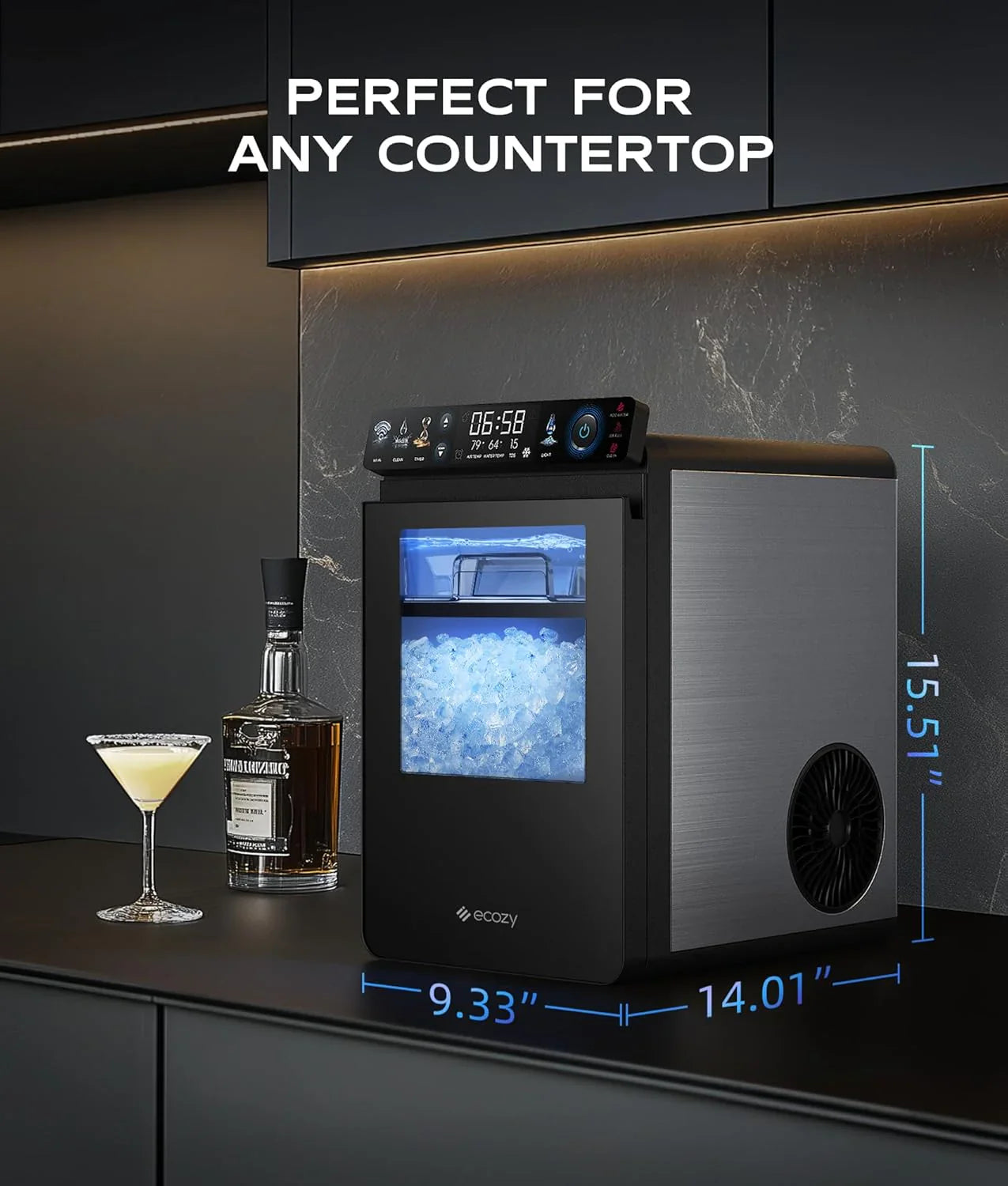 Nugget Ice Maker Countertop, Smart Pebble Ice Machine With App Control, 44 lbs/24H Soft Pellet Chewable Ice With Self-Cleaning, Stainless Steel