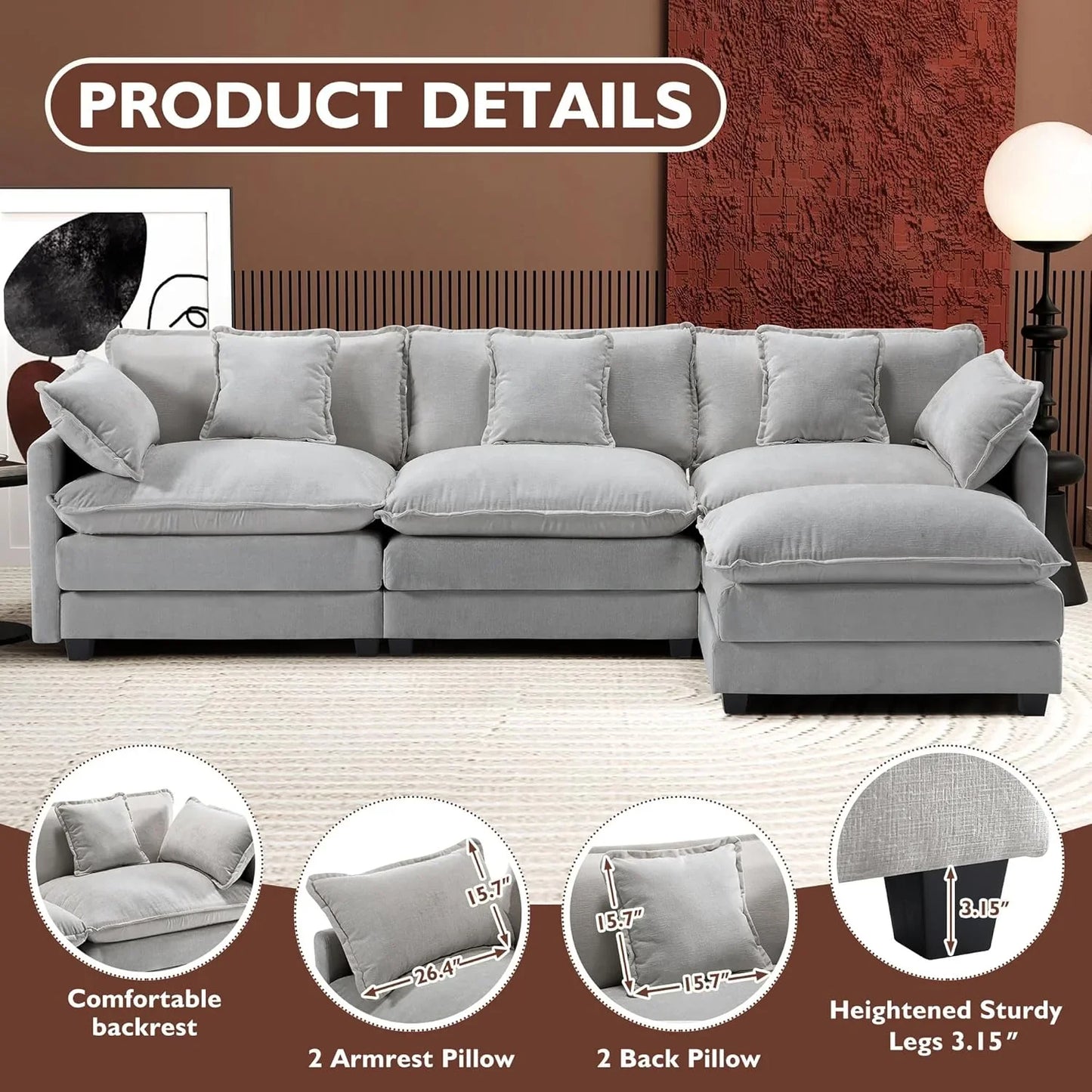 111.4 In. L-Shaped Modern Sofa Modular Cloud Sofa Ottoman 4-Seater Chenille Deep Seat Sofa