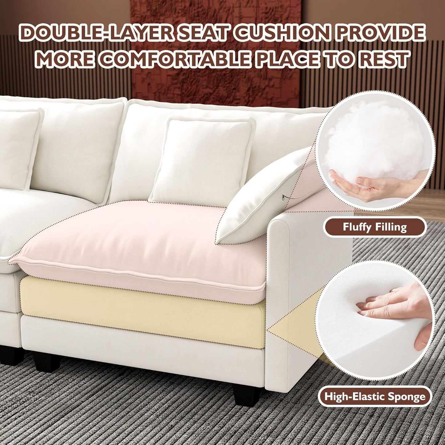 Ihanherry 146 In. U-Shaped Modern Sofa Modular Sectional Cloud Couch With 2 Ottoman