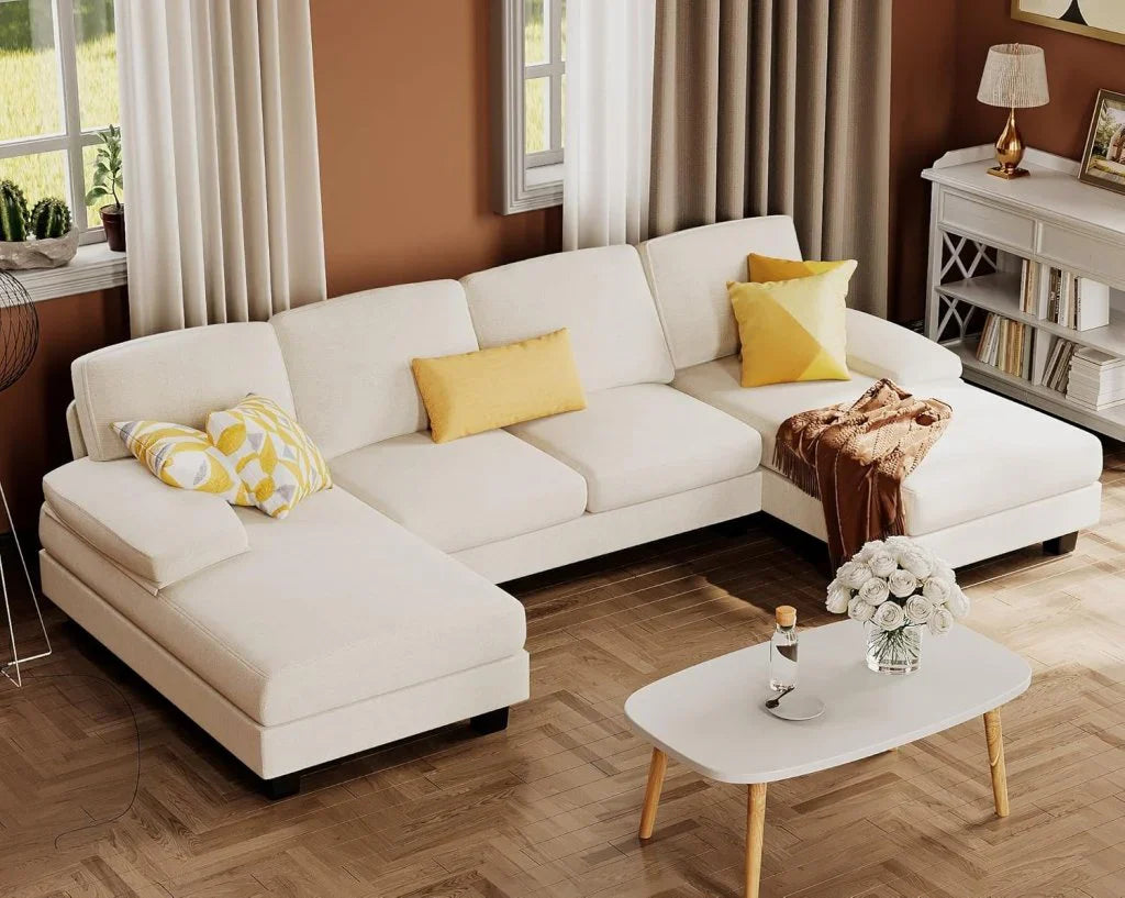 Furmax Sectional Couches For Living Room, U-Shaped Sofa Couch With Linen Fabric, 4 Seat Sofa Set With Double Chaise For Apartment, Fabric, Grey