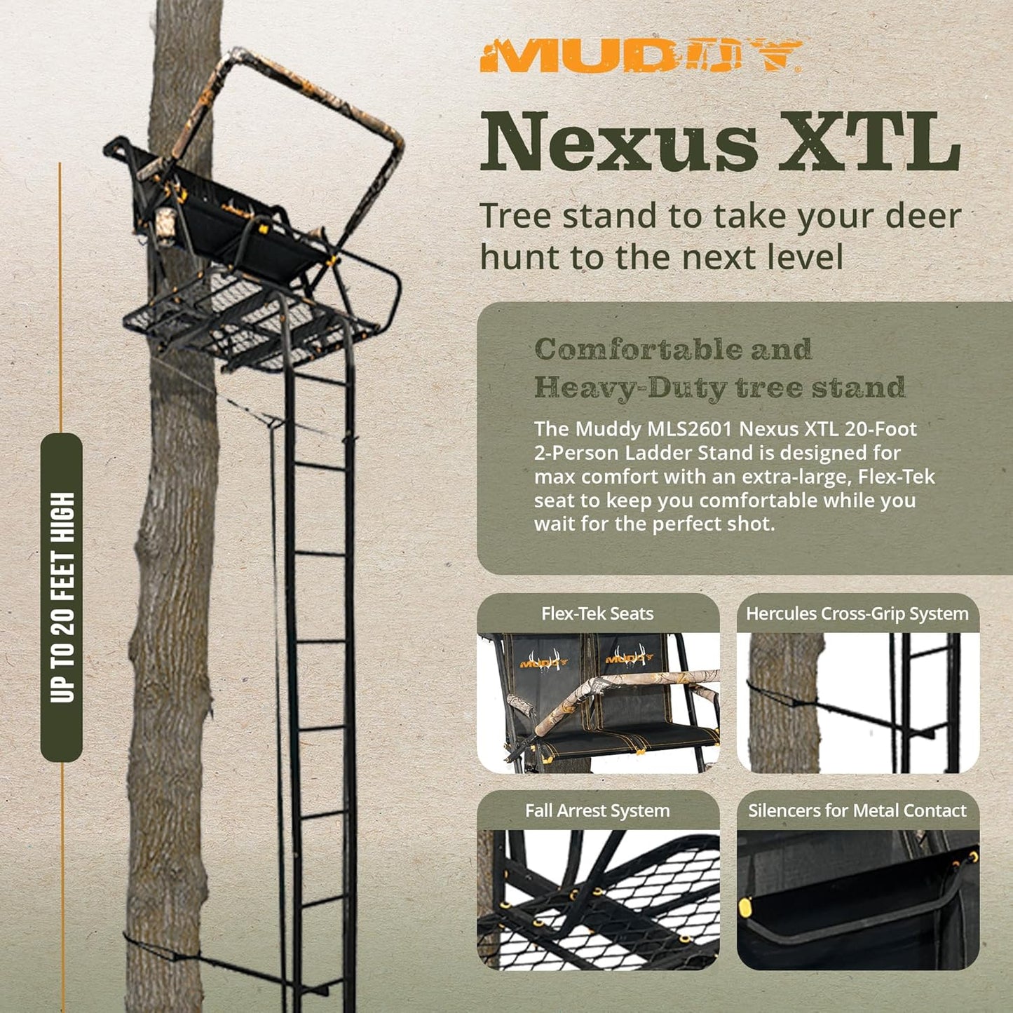 Muddy Nexus Xtl Ladder Tree Stand, 20 Ft., 500lb Capacity, 2-Person
