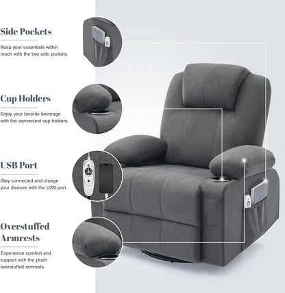 Oversized Swivel Rocker Recliner Chair With Heat And Massage, 360 Degree Swivel Rocking Single Sofa With Cup Holders And USB Port
