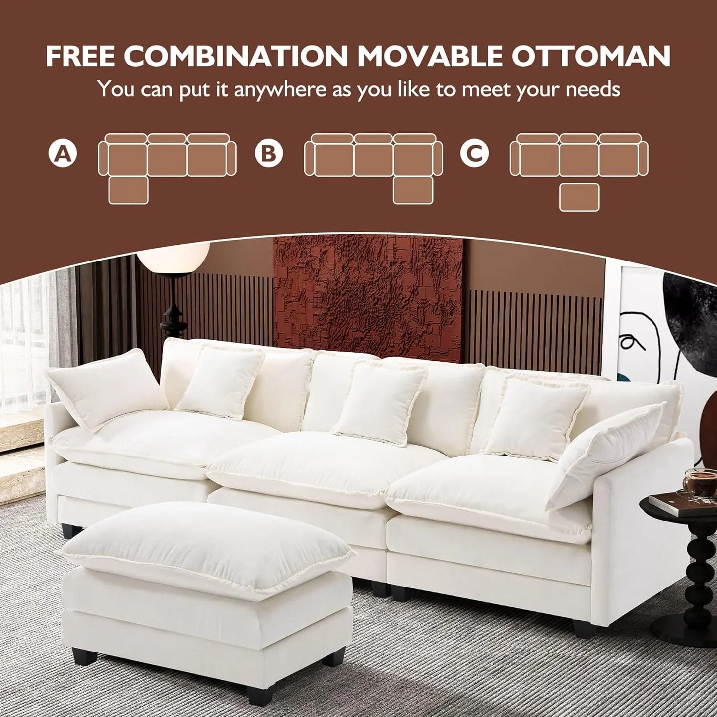 111.4 In. L-Shaped Modern Sofa Modular Cloud Sofa Ottoman 4-Seater Chenille Deep Seat Sofa