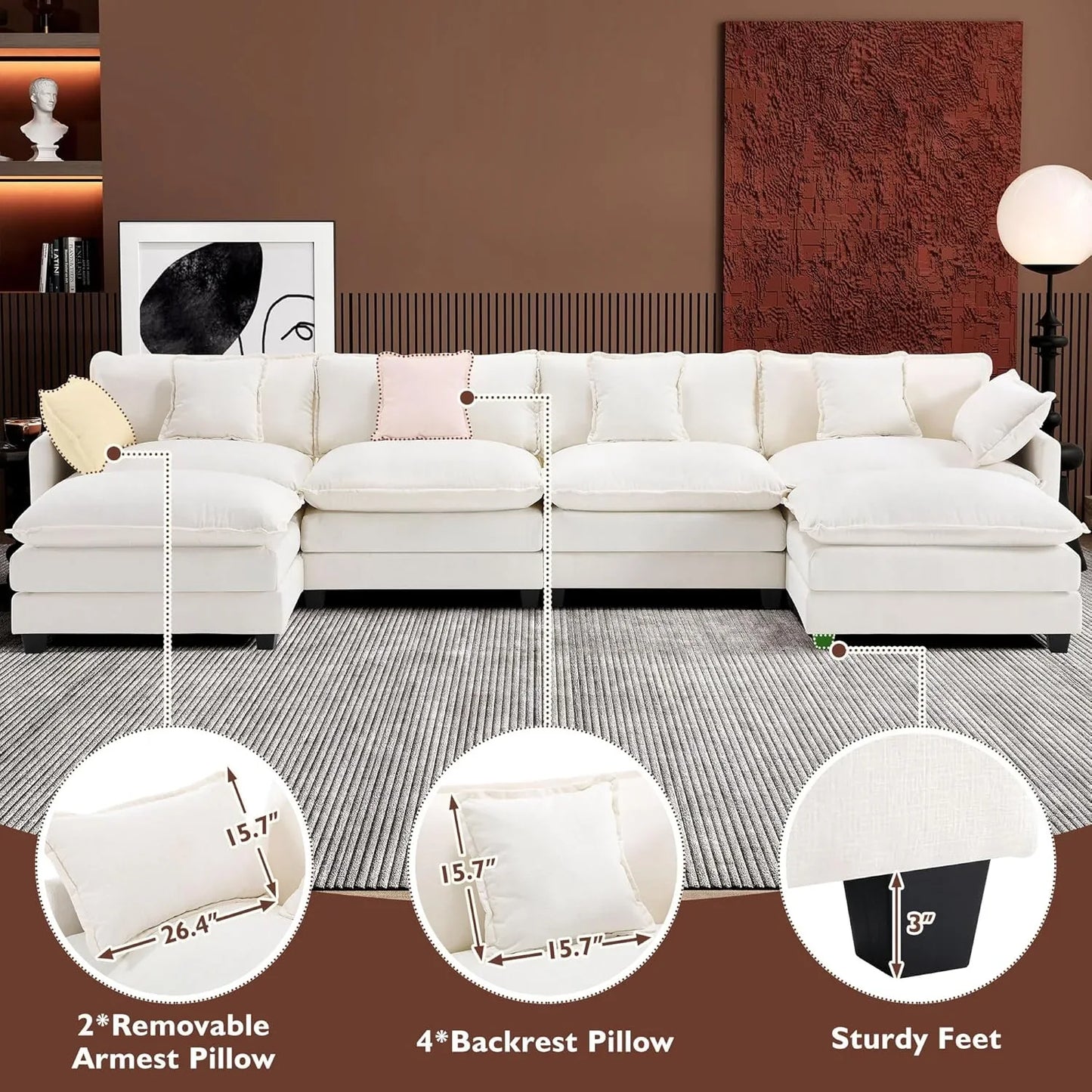 111.4 In. L-Shaped Modern Sofa Modular Cloud Sofa Ottoman 4-Seater Chenille Deep Seat Sofa