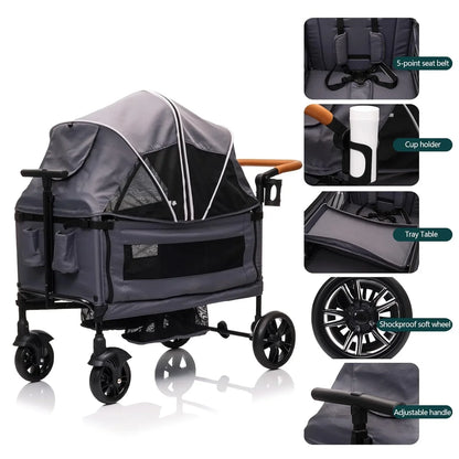 Wagon Stroller For 2 Kids And Cargo-Travel Stroller Push-Pull Double Wagon Lightweight Folding Stroller For Newborn And Toddler With 5-Point