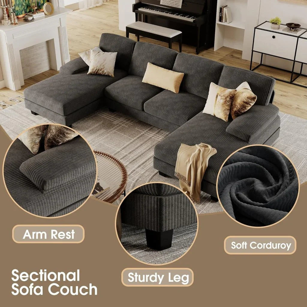 Furmax Sectional Couches For Living Room, U-Shaped Sofa Couch With Linen Fabric, 4 Seat Sofa Set With Double Chaise For Apartment, Fabric, Grey