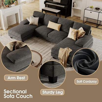 Furmax Sectional Couches For Living Room, U-Shaped Sofa Couch With Linen Fabric, 4 Seat Sofa Set With Double Chaise For Apartment, Fabric, Grey
