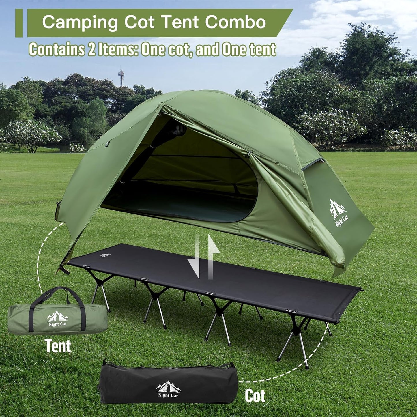 Night Cat Camping Cot Tent- Waterproof 1-Person Off-Ground Combo Cot Bed For Adults Portable Easy Set-Up Tent